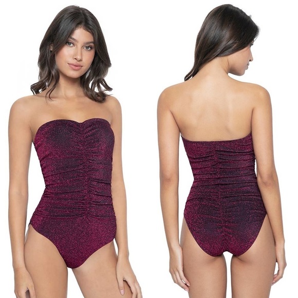 NWT Ruched Sparkle Garnet One Piece Swim Bathing Bikini Suit Small - Picture 3 of 11